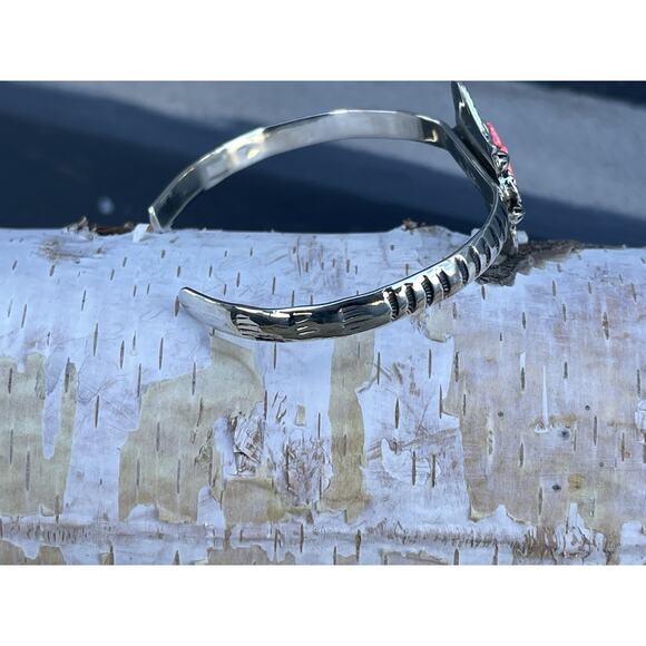 Sterling Silver Cuff Bracelet Pink Lab Opal Southwestern Star Native Style 7 3/8 - Picture 4 of 12